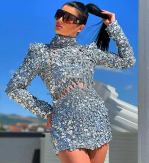 Adelynn Beautifull full sleeves Silver Evening Dress