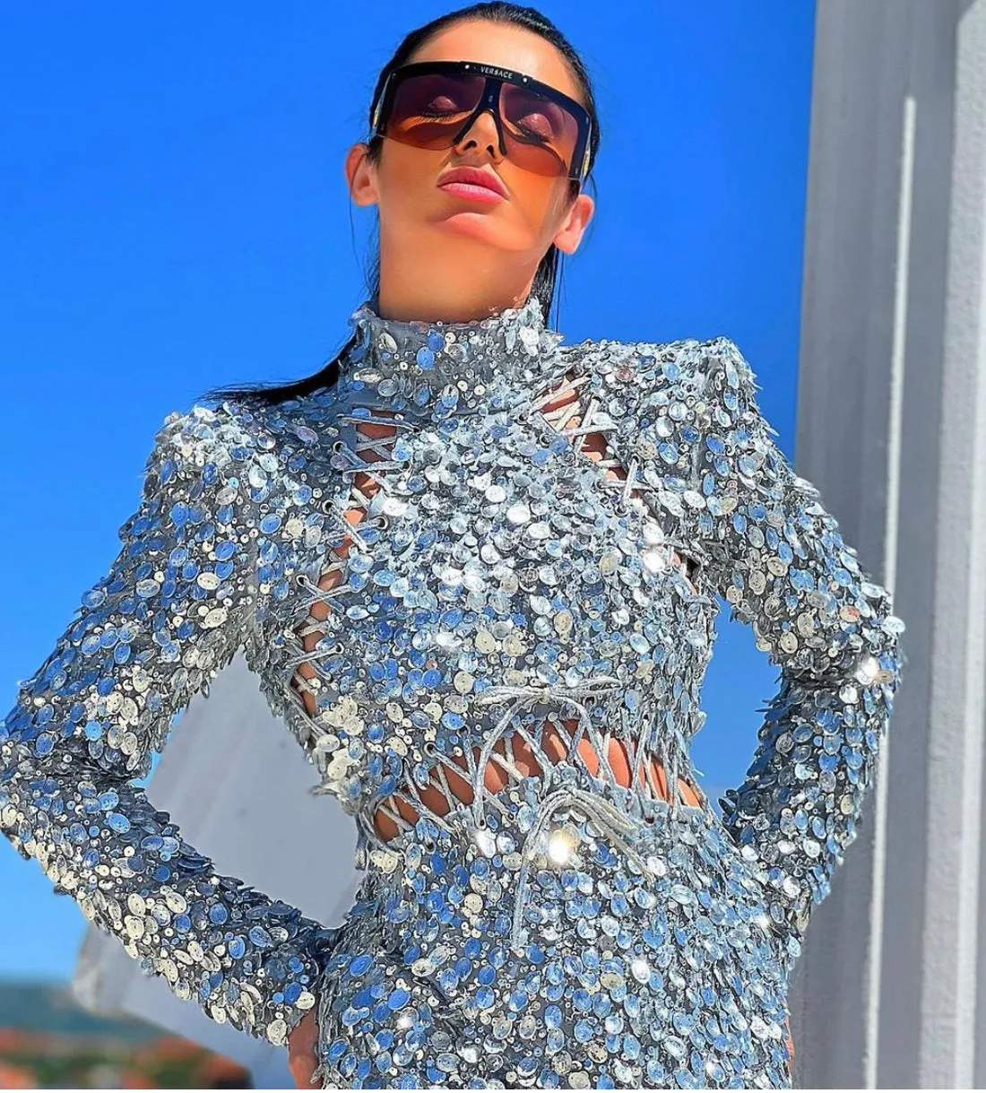 Adelynn Beautifull full sleeves Silver Evening Dress