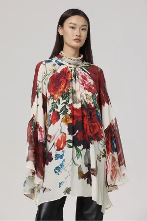 Baela Vintage Flower Print Batwing Sleeve Silk Top
