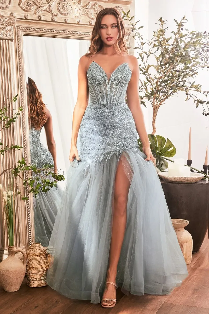 CD0214 STRAPLESS BEADED MERMAID DRESS