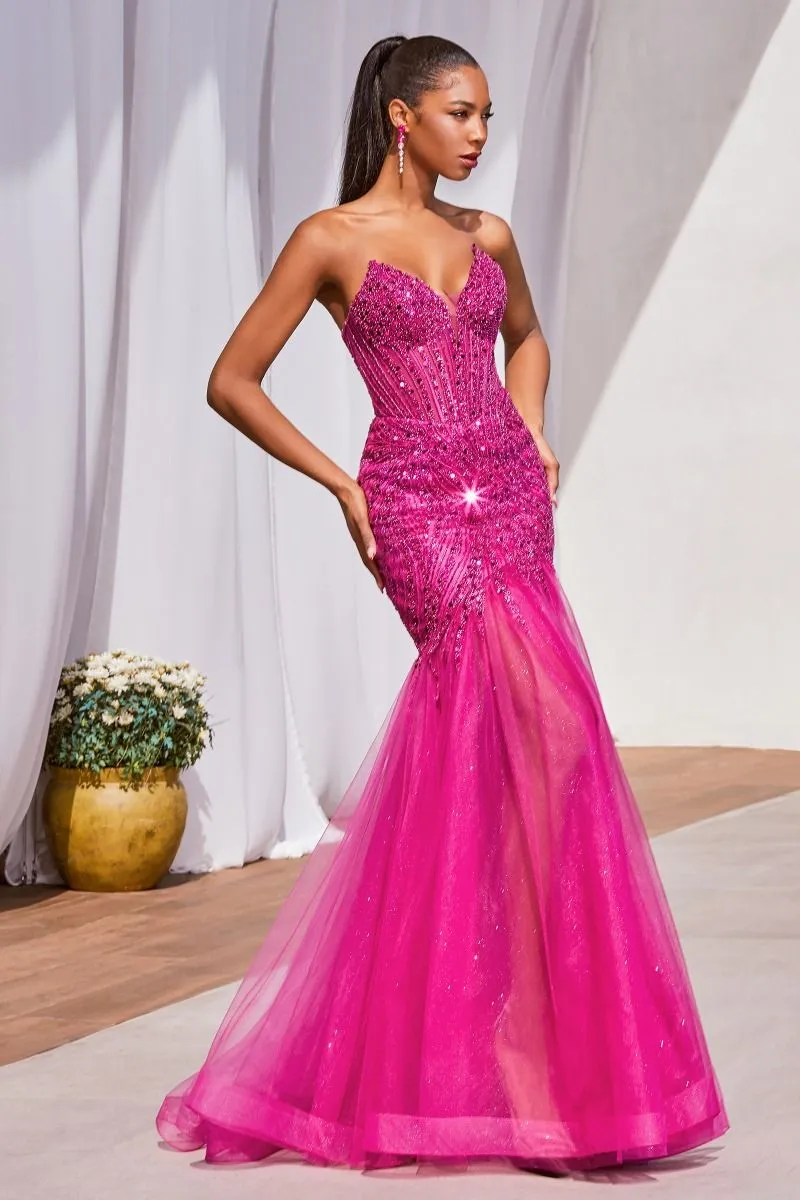 CD0214 STRAPLESS BEADED MERMAID DRESS