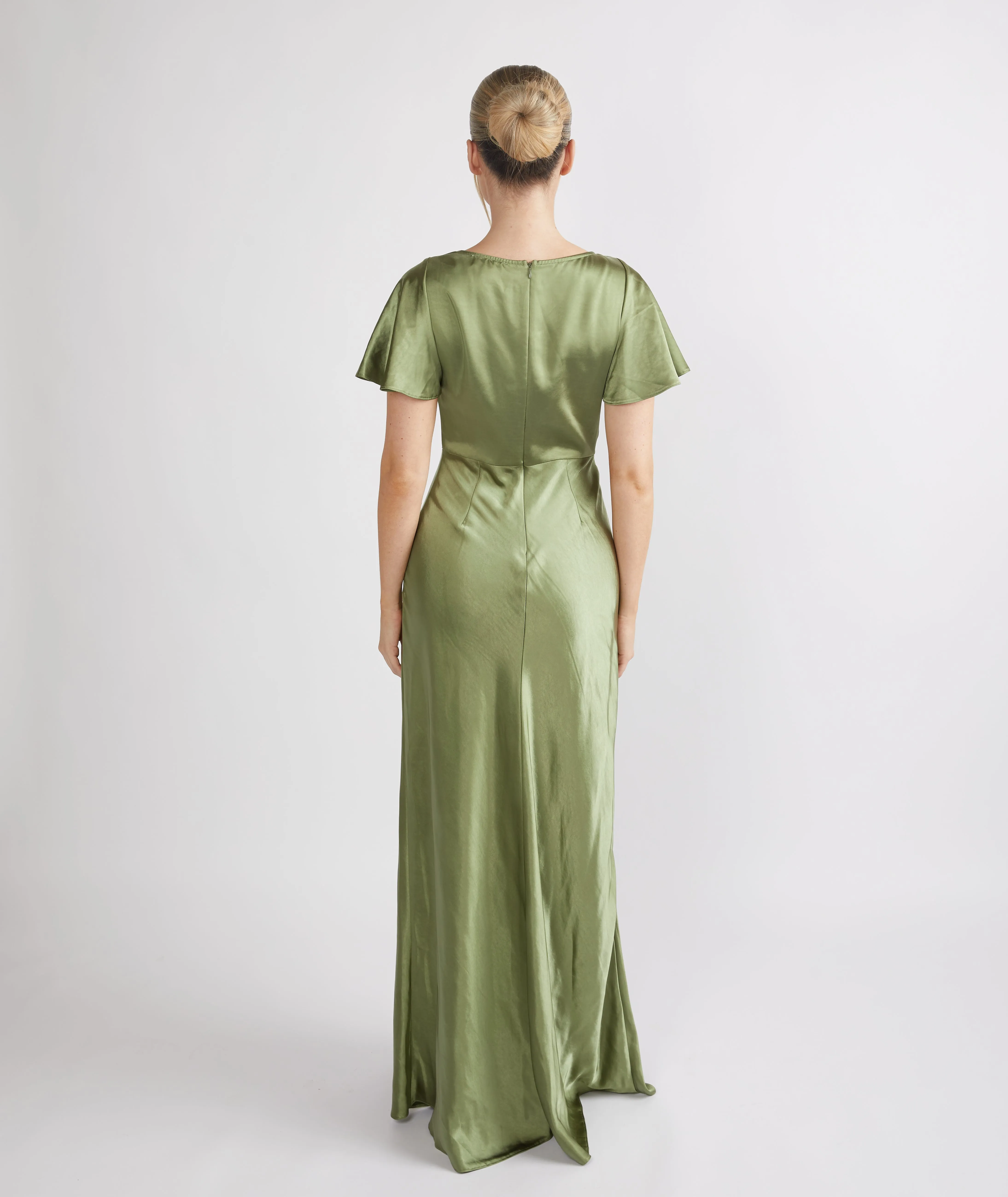Cowl Front Satin Short Sleeve Bridesmaid Dress - Moss Green