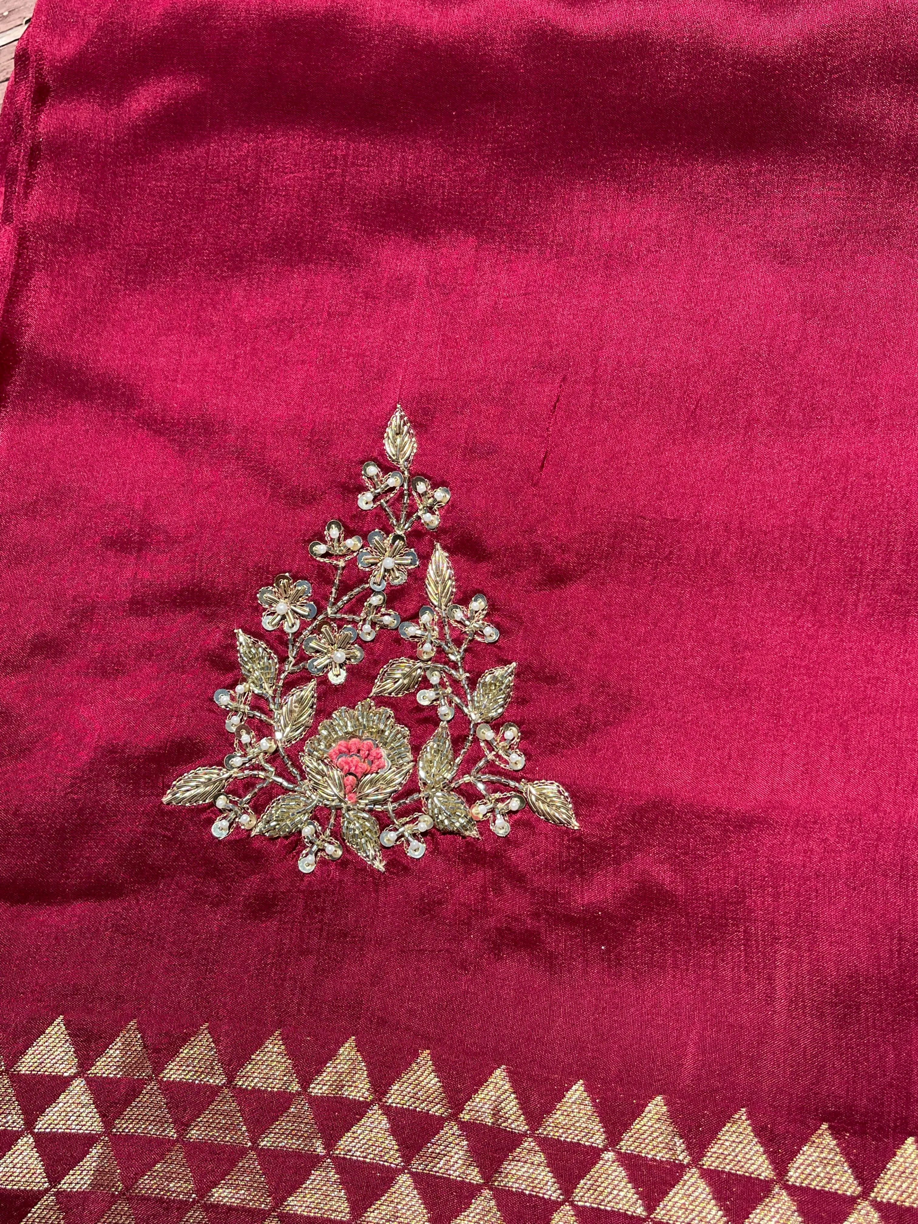 Deep Maroon Raw Silk Gota Pati Saree with contrast Red blouse piece
