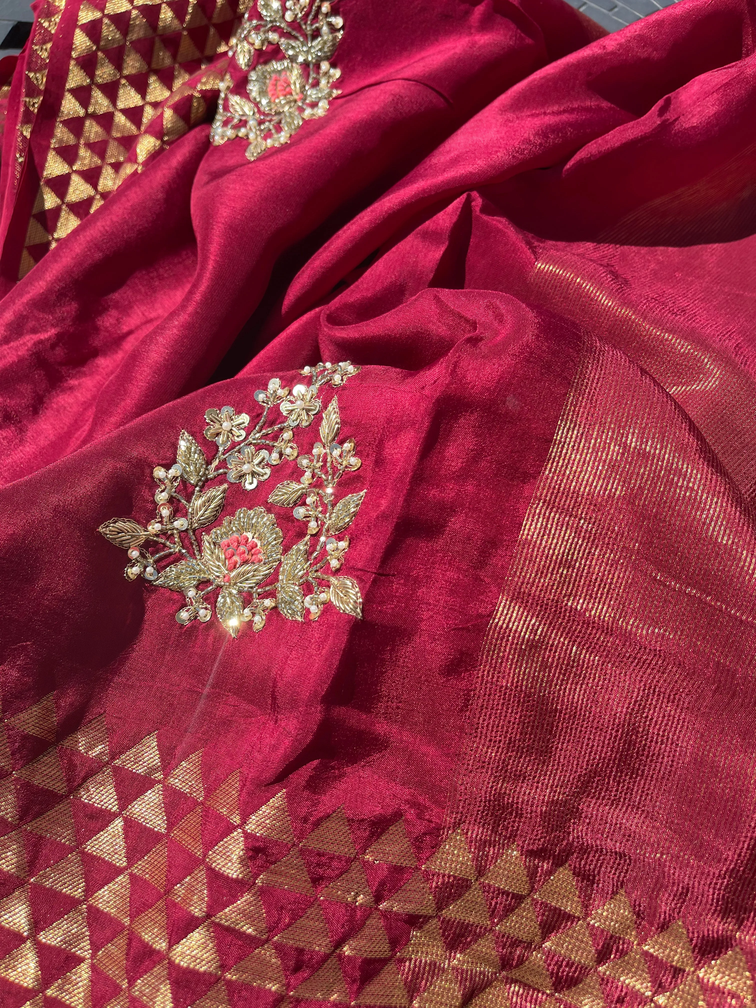 Deep Maroon Raw Silk Gota Pati Saree with contrast Red blouse piece