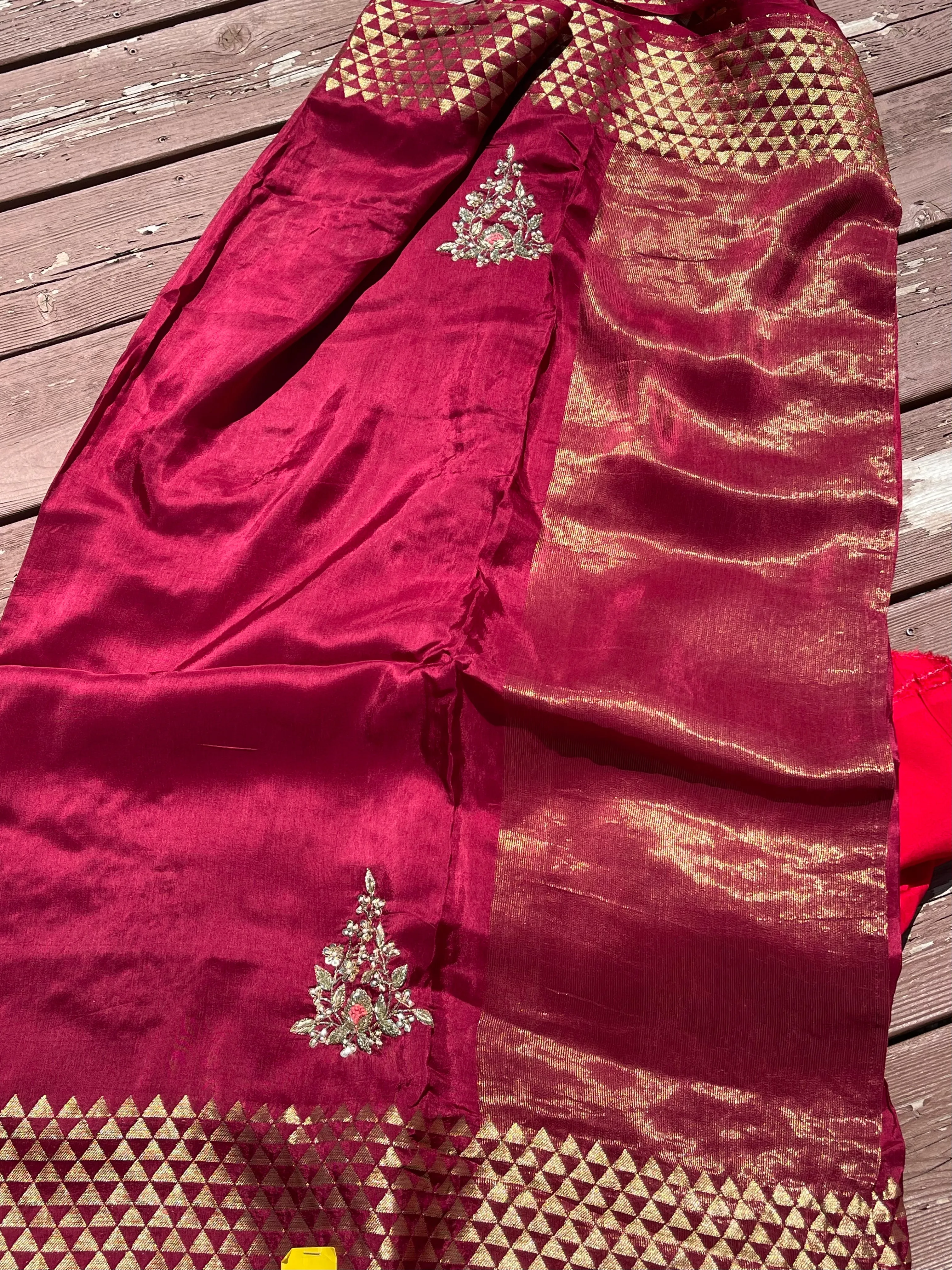Deep Maroon Raw Silk Gota Pati Saree with contrast Red blouse piece