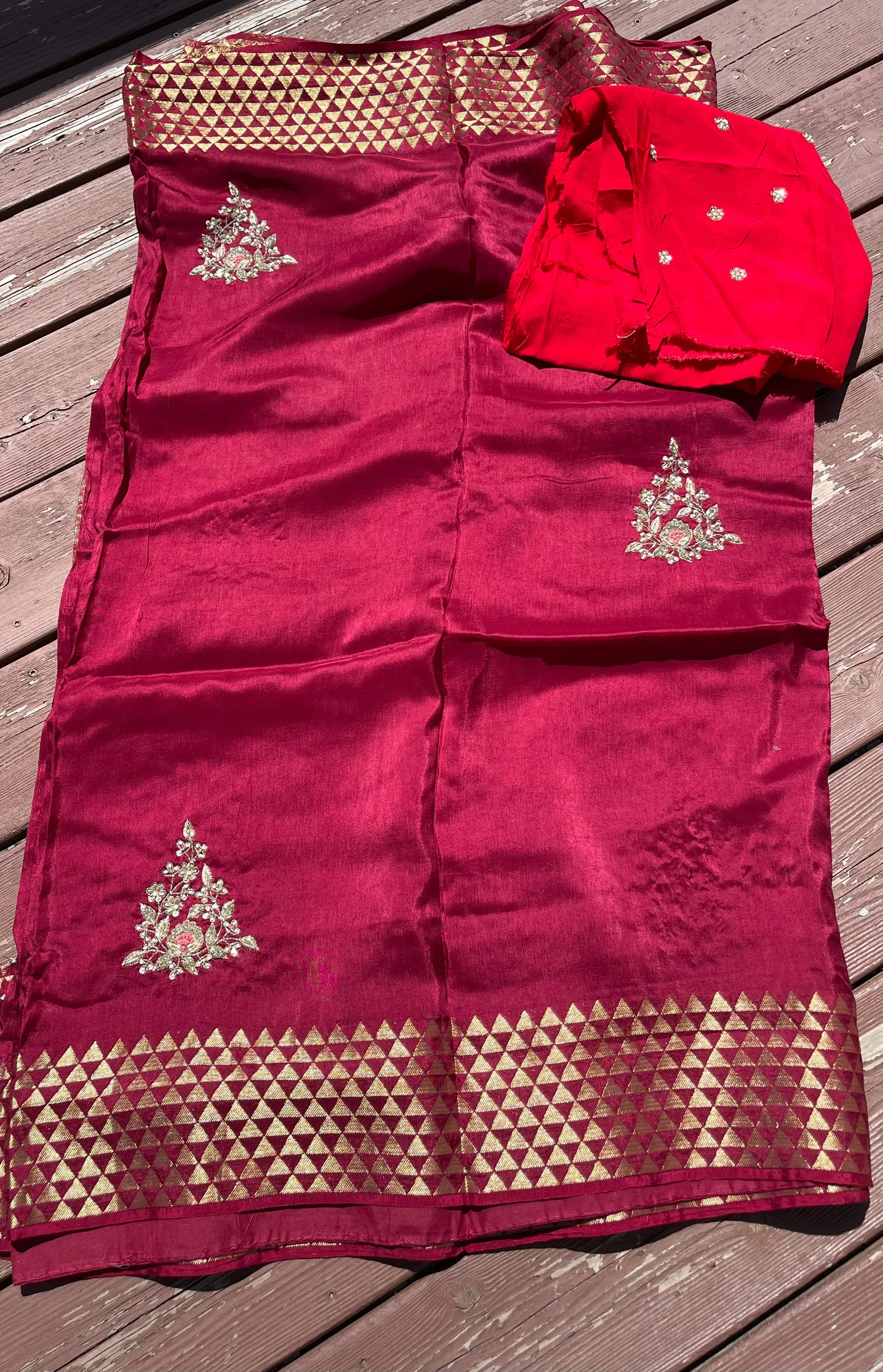 Deep Maroon Raw Silk Gota Pati Saree with contrast Red blouse piece