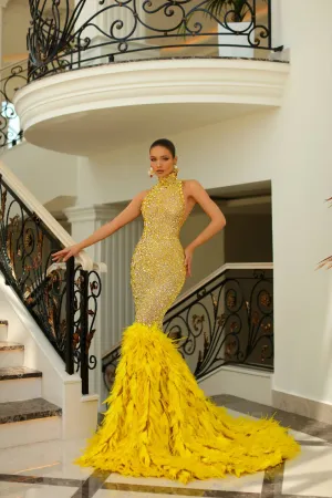 Hadlee Beautiful High Neck Yellow Evening Dress