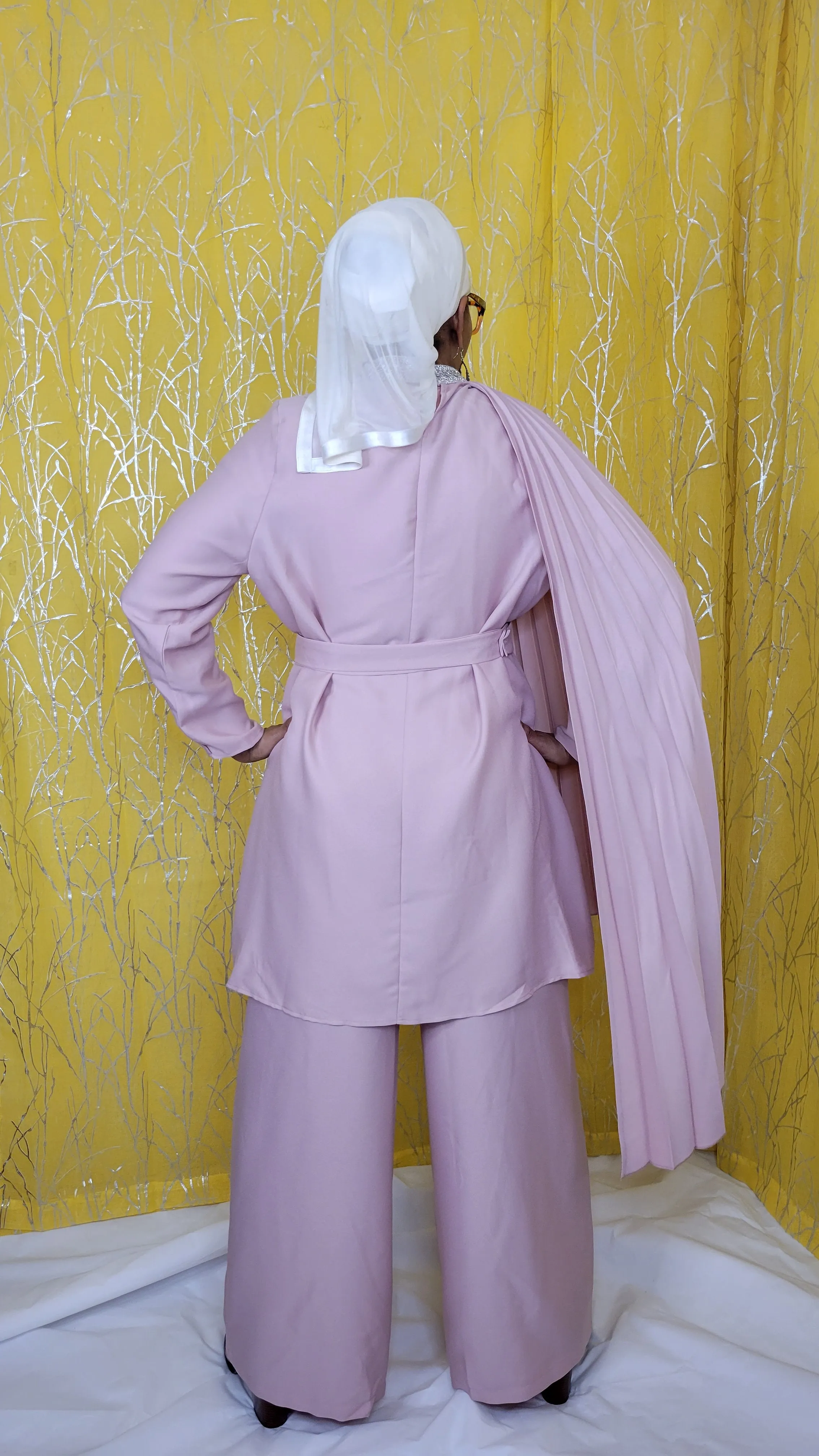 Pink Set with Silver Nehru Collar,  Extended Draped Pleats with Pants