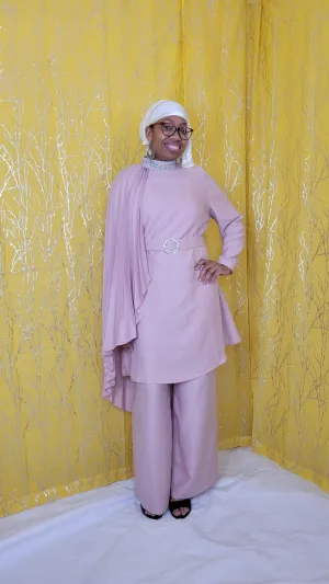 Pink Set with Silver Nehru Collar,  Extended Draped Pleats with Pants