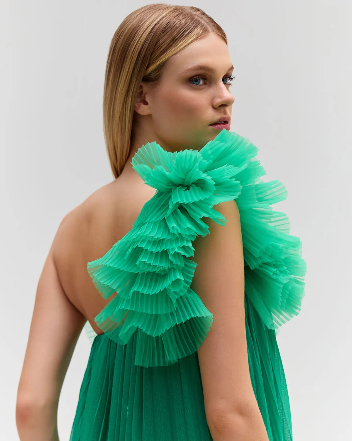 Pleated One Shoulder Gown