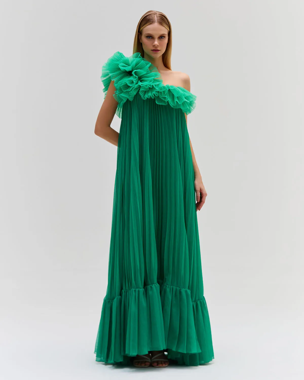 Pleated One Shoulder Gown