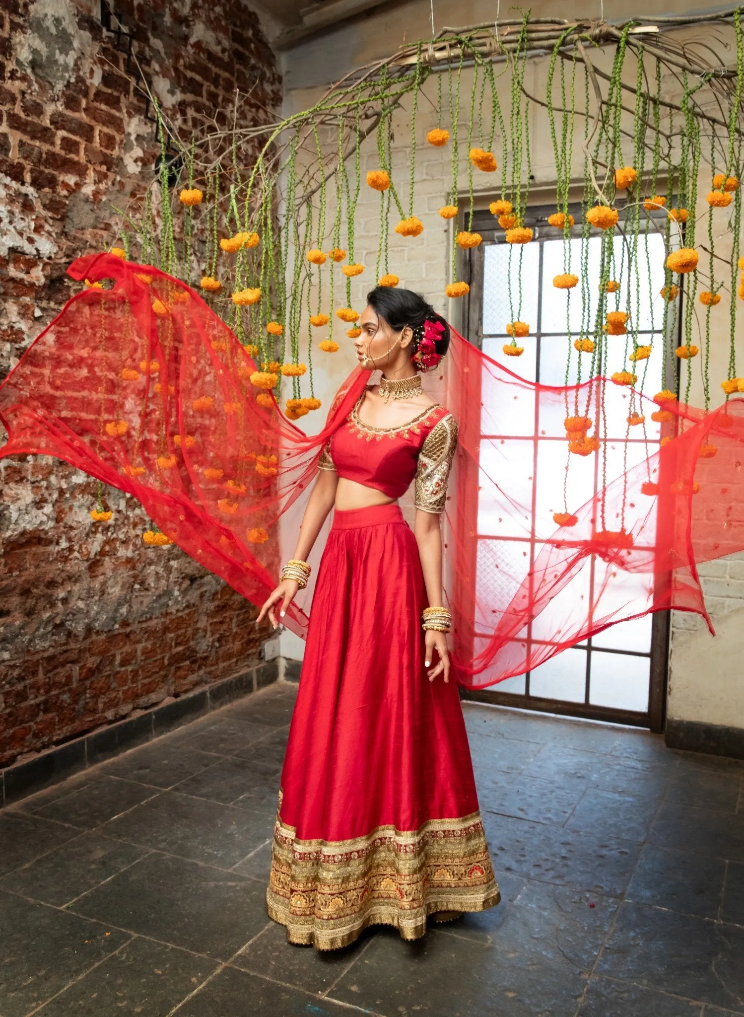 Red Silk Blouse with Cutwork N Red Silk Lehenga  Elegant Culture Wear
