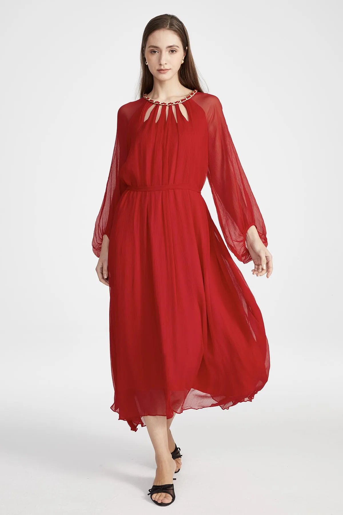 Sierra Hollow Out Silk Dress in Red