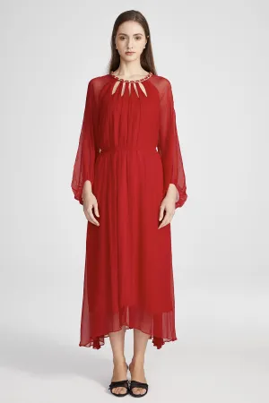 Sierra Hollow Out Silk Dress in Red