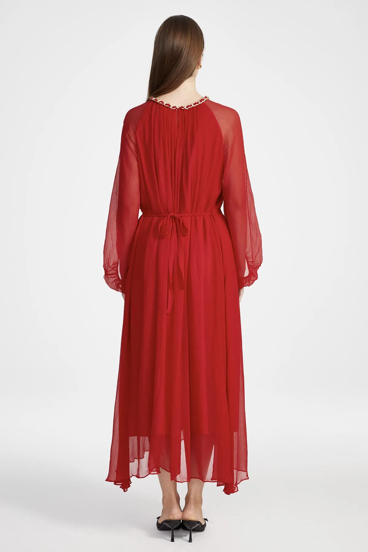 Sierra Hollow Out Silk Dress in Red