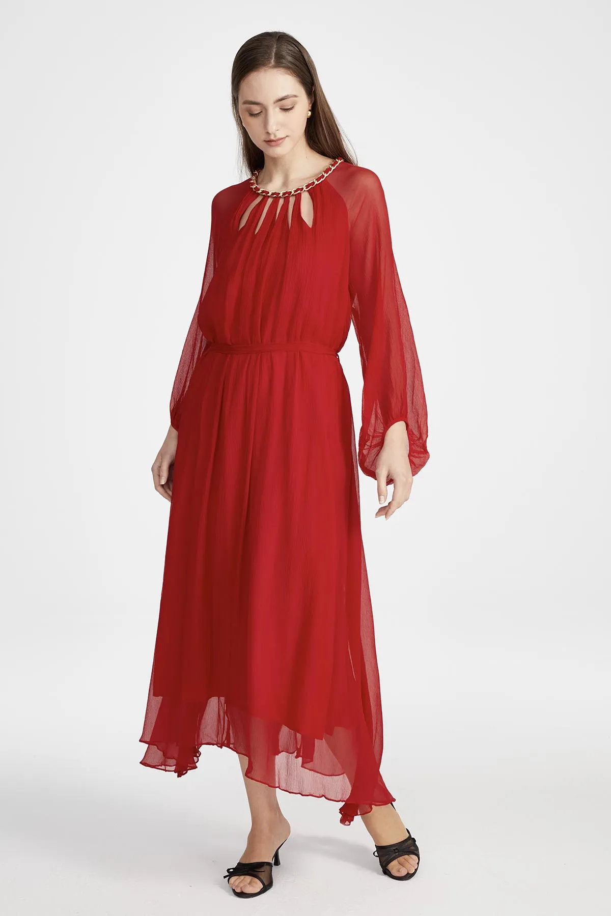 Sierra Hollow Out Silk Dress in Red