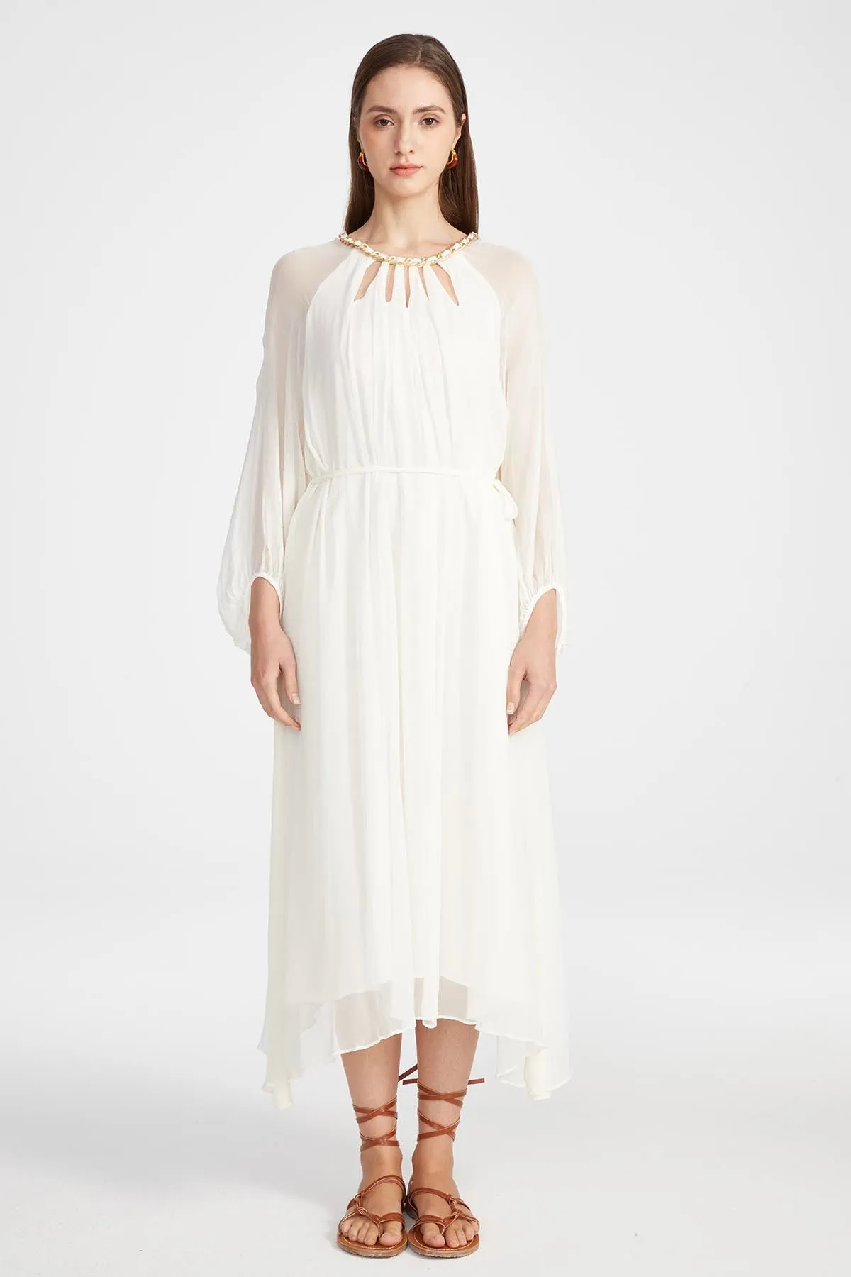 Sierra Hollow Out Silk Dress in White