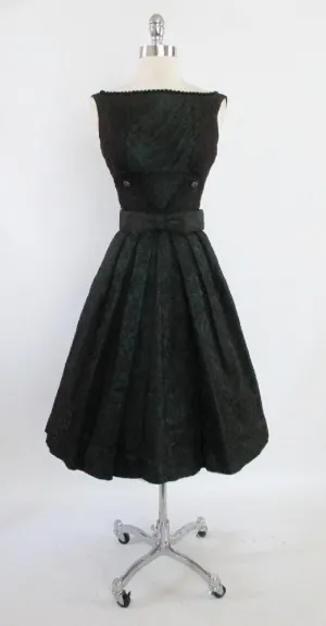  Vintage 50's Emerald Green Red Lace Swing Skirt Party Dress XS