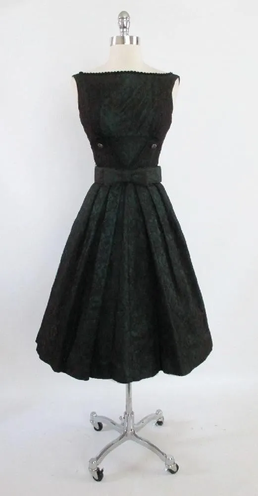  Vintage 50's Emerald Green Red Lace Swing Skirt Party Dress XS