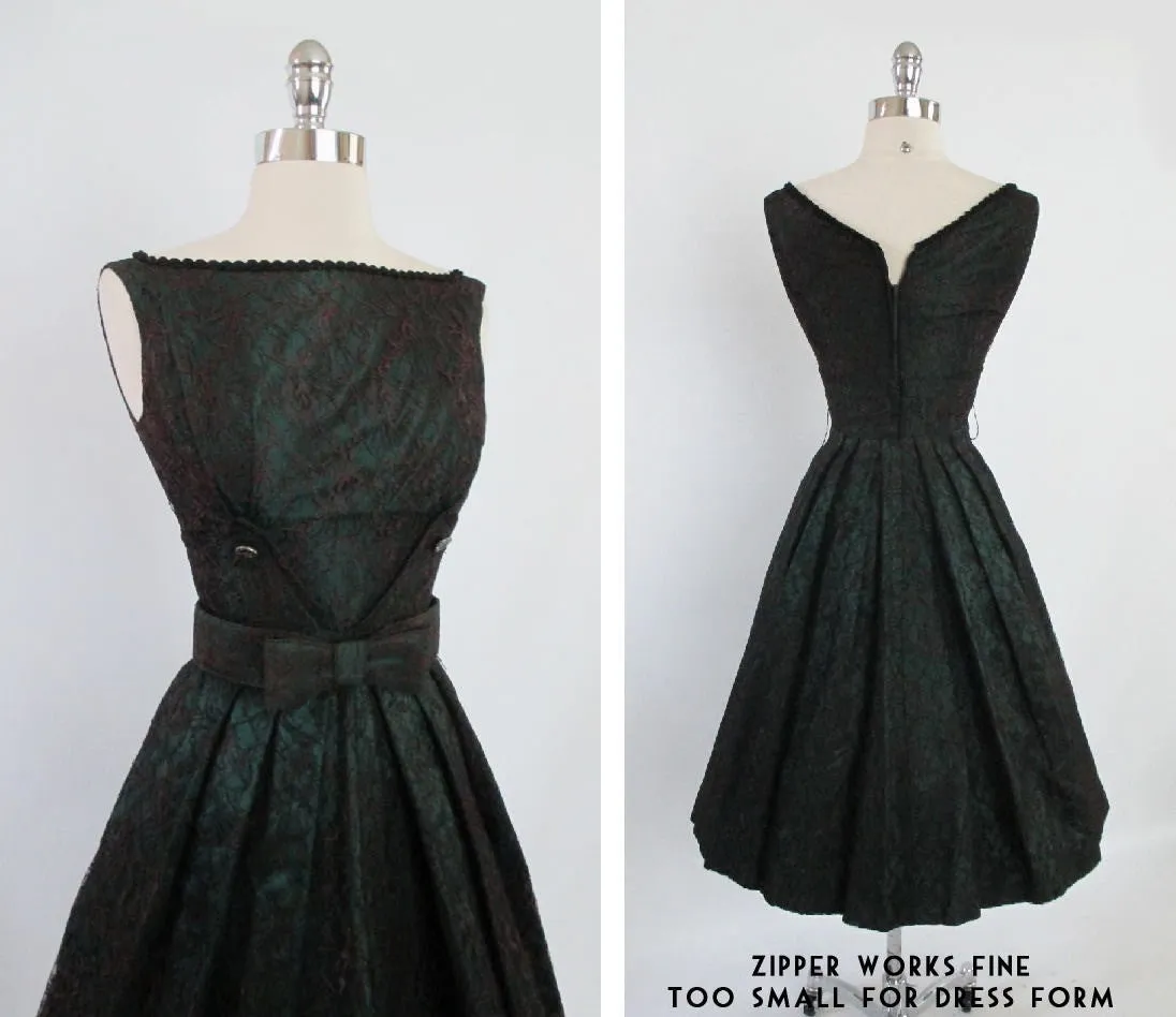  Vintage 50's Emerald Green Red Lace Swing Skirt Party Dress XS